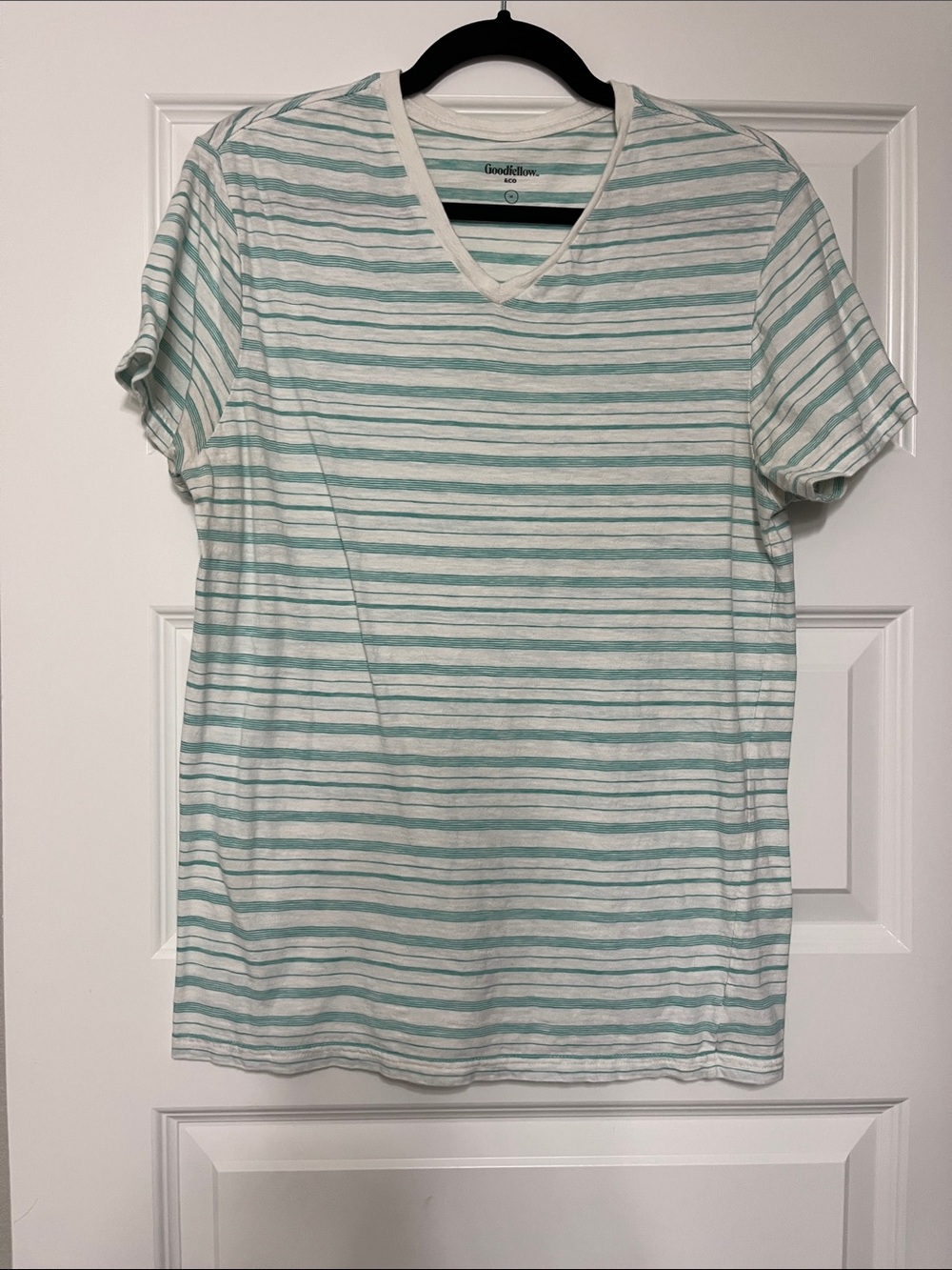 Goodfellow & Co White and Teal Striped V-Neck Tee